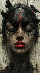 Dark Portrait of a Woman with Crows and Blood