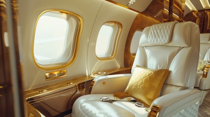 Luxurious private jet interior with a comfortable white leather seat, golden accents, and a pillow.