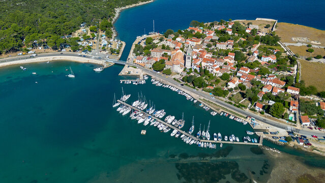 Aerial view of the historic town Osor with the bridge connecting the islands of Cres and Losinj, Croatia