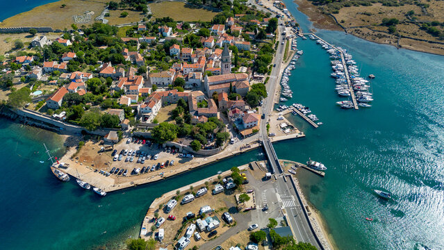Aerial view of the historic town Osor with the bridge connecting the islands of Cres and Losinj, Croatia