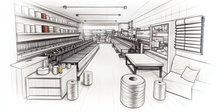 Detailed Sketch of Modern Retail Store Interior with Shelves, Display Counters, Furniture, and Seating Area in Perspective View