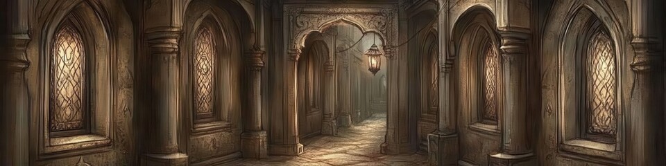 Stunning Medieval Stone Corridor with Intricate Gothic Arches and Dim Lighting Creating a Mysterious and Historical Atmosphere