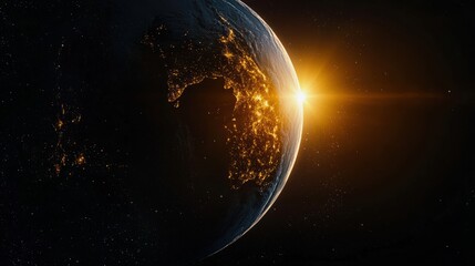 Fototapeta premium Realistic cosmic image of Earth rotating in space, with one half illuminated by the rising sun and the other half in darkness.