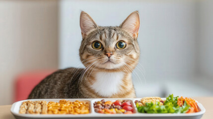 A curious cat sits in front of a vibrant meal, showcasing its playful personality and appetite for gourmet food.