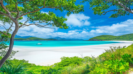 Beautiful Whitehaven Beach with its stunning natural backdrop.