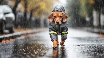 Dog in a rainproof, reflective coat walking in a heavy rainstorm, with water droplets in focus, emphasizing weather protection and visibility