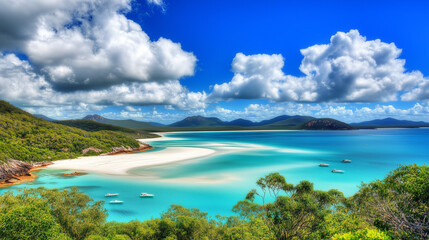 Beautiful Whitehaven Beach with its stunning natural backdrop.