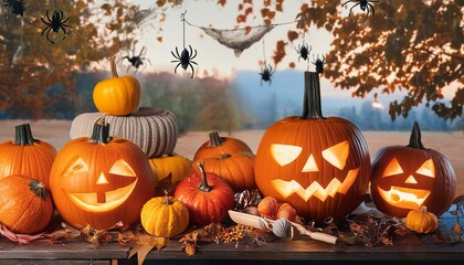 Fototapeta premium Halloween jack-o-lantern glowing at dusk with spiders and autumn leaves in the background.