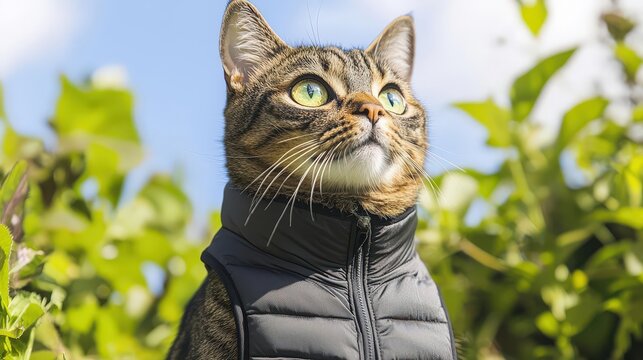 Cat wearing a sleek, temperature-regulating vest in a sunny garden, representing comfort and safety during extreme weather