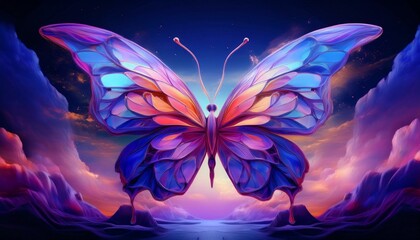 Colorful butterfly spreading their wings against a mysterious landscape background, abstract art illustration.