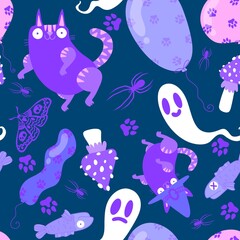 Halloween animals seamless cats and pumpkins pattern for wrapping paper