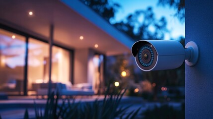 Advanced Home Security Camera Monitoring a Modern House at Night