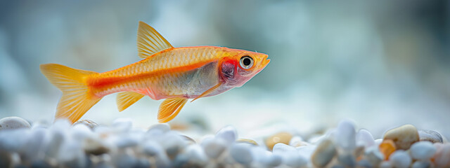 Fototapeta premium Small orange fish swimming in an aquarium with a pebbled bottom, showcasing its slender body and vibrant coloration in a calm, aquatic environment.