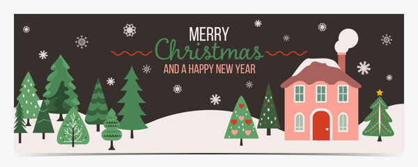 Christmas greetings banner with colorful winter landscape on dark gray background	