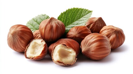 Fototapeta premium A group of hazelnuts with one broken open showing the nut inside, with a few green leaves behind them, on a white background.