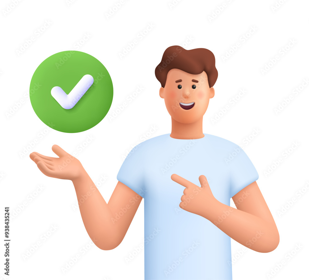 Poster man holding and pointing to button with check mark or tick sign. task completion, complete business 