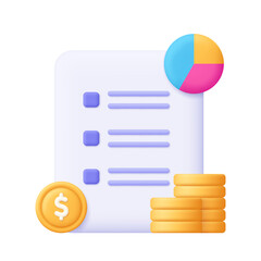 Obraz premium Document sheet with diagram and coin stack. Business finance report and data analysis, financial audit, digital trade concept. 3d vector icon. Cartoon minimal style.