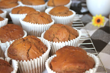Fresh Baked Homemade Gingerbread Muffins with Buffalo Check and Sunflower Background