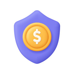 Shield and coin with dollar sign. Money safety and protection, safe payment, insurance, business and finance concept. 3d vector icon. Cartoon minimal style.
