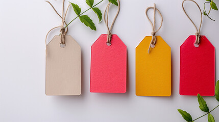  Four blank tags in beige, red, yellow, and orange, lined up on a white background, each with a string attached, accompanied by small green leaves, perfect for natural-themed labeling or gifting. 