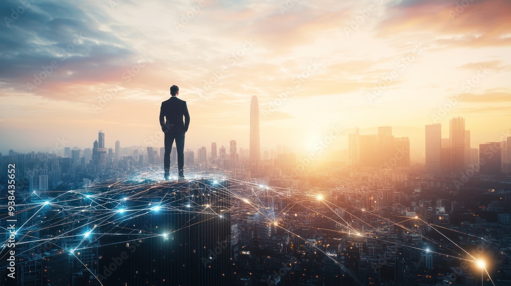 Wall mural businessman standing on a rooftop looking towards a cityscape