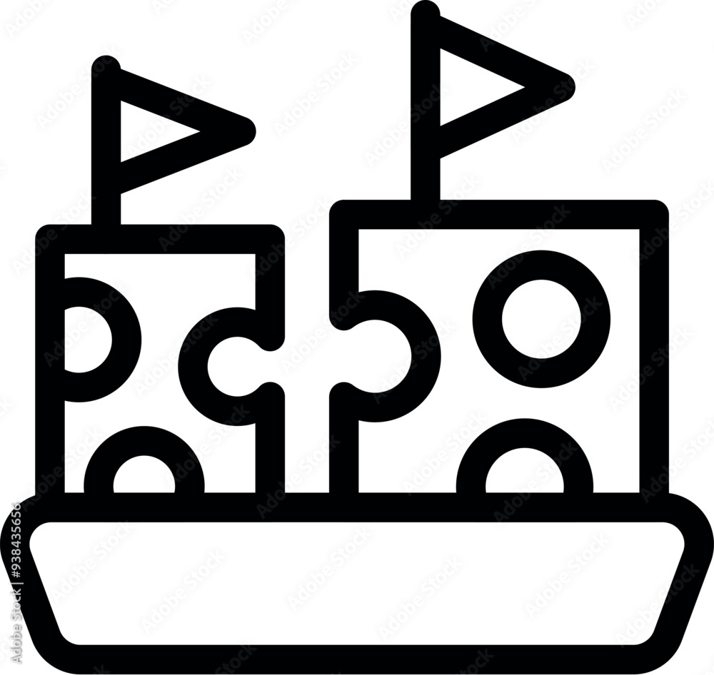 Poster two puzzle pieces with flags are forming a castle on a tray, symbolizing the concept of playful lear