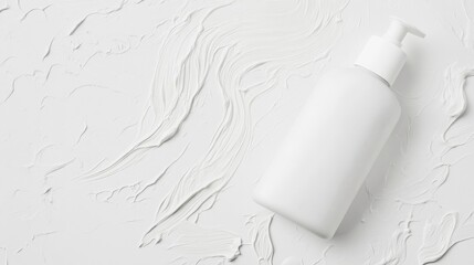 A minimalist, clean white lotion bottle stands prominently against a simple background. The sleek, modern design highlights the purity and elegance of the product’s packaging.