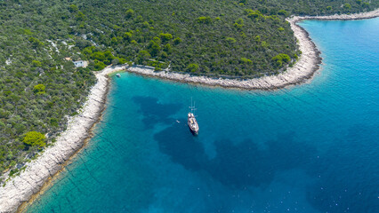 Aerial view of the blue lagoon of Losinj island on a sunny day