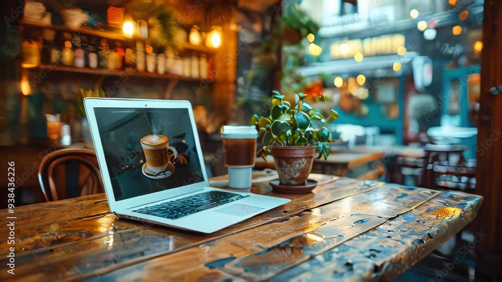 Poster workplace, laptop for business meeting and data analytics and graphs maps and charts in a large mode