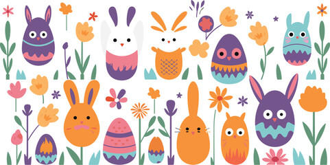 egg flower rabbit easter cute vector illustration animal celebration decoration
