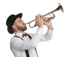 Handsome musician playing trumpet on white background