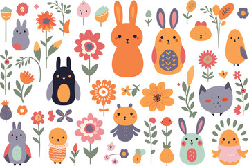 Naklejka premium egg flower rabbit easter cute vector bird illustration animal celebration decoration