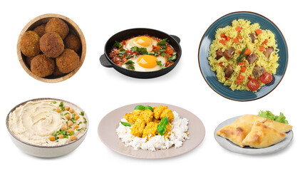 Hummus, samosas, falafel balls, shakshuka, pilaf and rice with curry on white background. Collection with dishes of different national traditional cuisines