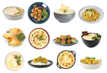 Hummus and other dishes of different national traditional cuisines on white background. Collection