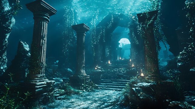 Underwater Ruins with Pillars and Stairs.