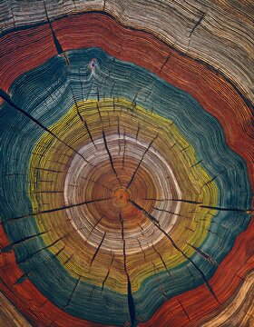 Detailed view of a tree trunk&rsquo;s vibrant rings, symbolizing growth, acceptance, and diversity over time. Ideal for nature-inspired designs, diversity initiatives, or environmental projects.
