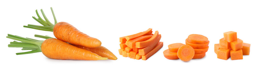 Fresh carrots isolated on white, collage. Different types of cuts