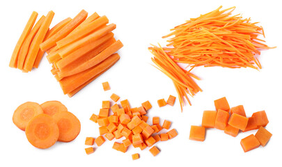 Fresh carrots isolated on white, collage. Different types of cuts