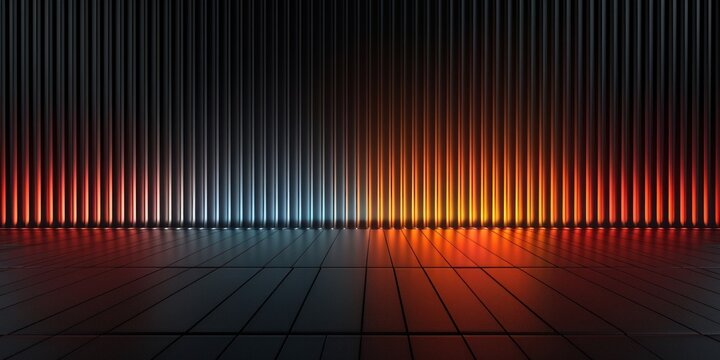 Dark stage, black background with neon lights on vertical metal bars