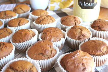 Fresh Baked Homemade Gingerbread Muffins with Buffalo Check and Sunflower Background