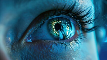 Futuristic healthcare technology for eye conditions featuring holographic overlays and wellness analytics, focusing on innovative surgery and collaborative efforts in the medical field