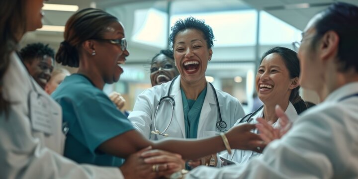 Medical professionals collaborating and celebrating success in healthcare and wellness, showcasing teamwork and motivation with joyful expressions