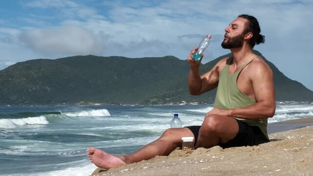 Man on a sunny day at the beach having a picnic, eating and drinking water. Outdoor concept.