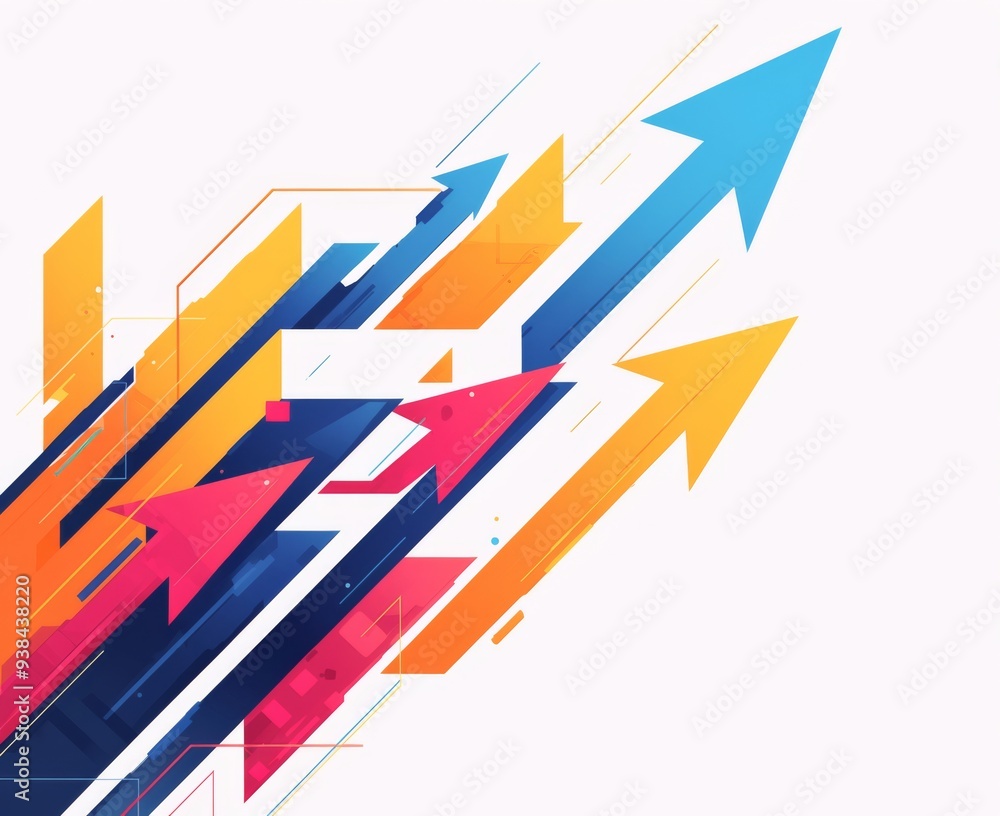 Poster colorful rightward arrow on white background with minimalist design and large empty space
