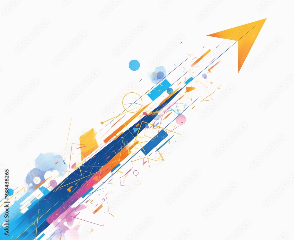 Poster colorful rightward arrow on white background with minimalist design and large empty space