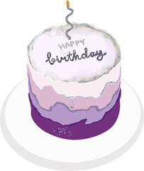 Purple trendy birthday cake with candle simple illustration. Tasty purple and white colored cake with phrase Happy Birthday round shape. Design for greeting cards, invitations, etc.
