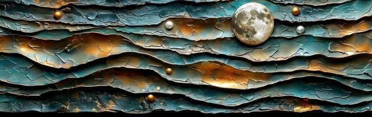 Obraz premium A textured abstract artwork featuring a wavy landscape with a prominent moon