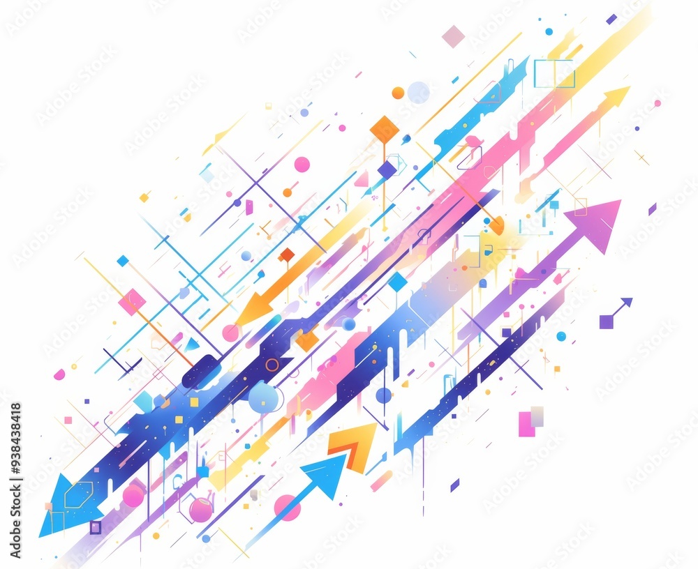 Poster colorful rightward arrow on white background with minimalist design and large empty space