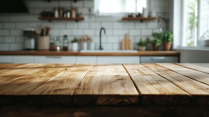 Wooden counter in front of a blurred modern kitchen backdrop, ideal for showcasing kitchen items or food products in a clean, inviting space.
