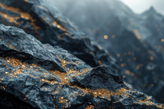 Golden dust sparkles on the surface of grey rocks in a misty mountain range